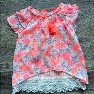 Little Lass Floral Ruffle Sleeve Layered Top Bow Back Lace Hem Girls 24M